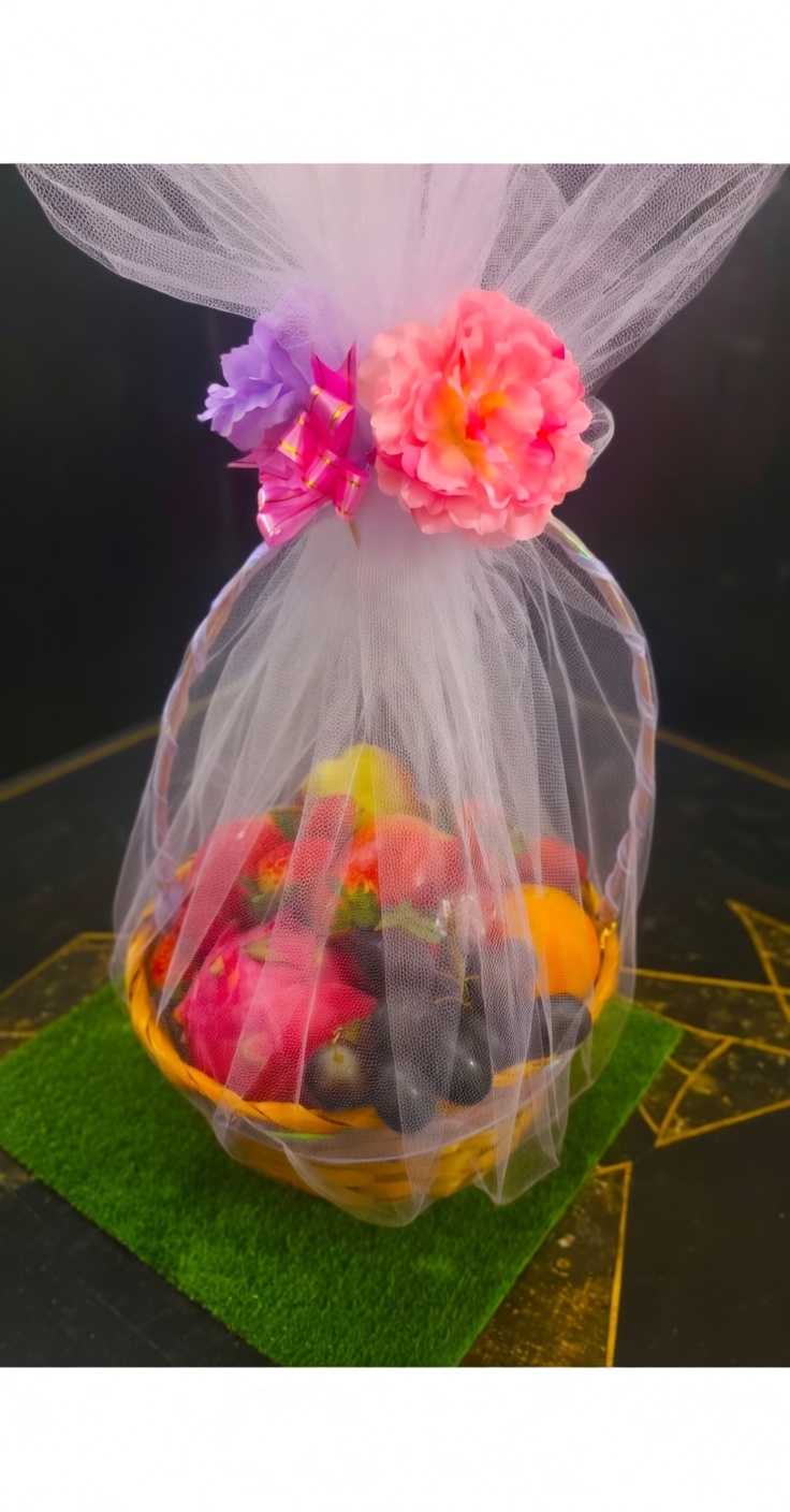 Colourful fresh fruit bouquet arrangement